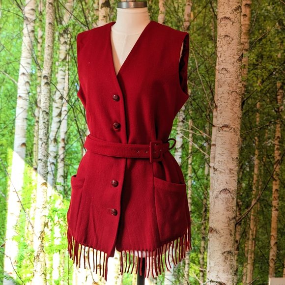 Vintage Wool & Cashmere Blend Fringed Belted Hip Length Outerwear Vest